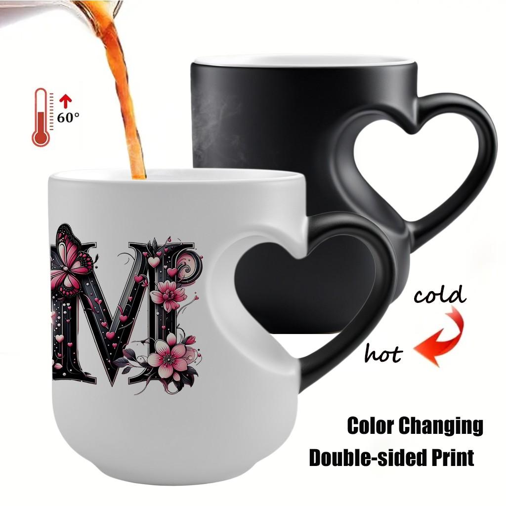 Butterfly Initials Heat-Sensitive Magic Mug, Ceramic Coffee Mug with Color-Changing Heart Design, Personalized Ceramic Cup Gift for Valentine's Day and Mother's Day