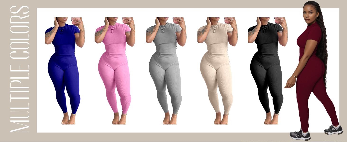 Women Two Piece Outfits Workout Sets Ribbed Casual Jogging Suits Short Sleeve Tracksuits