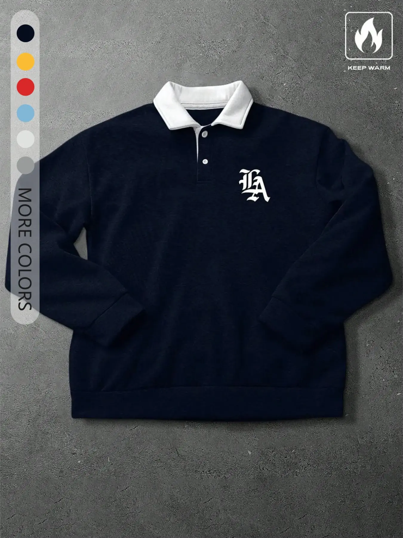 American College Style Contrast Collar La Logo Polo Sweatshirt, Men's Casual Long Sleeve Top, Fall & Winter Loose-Fitting