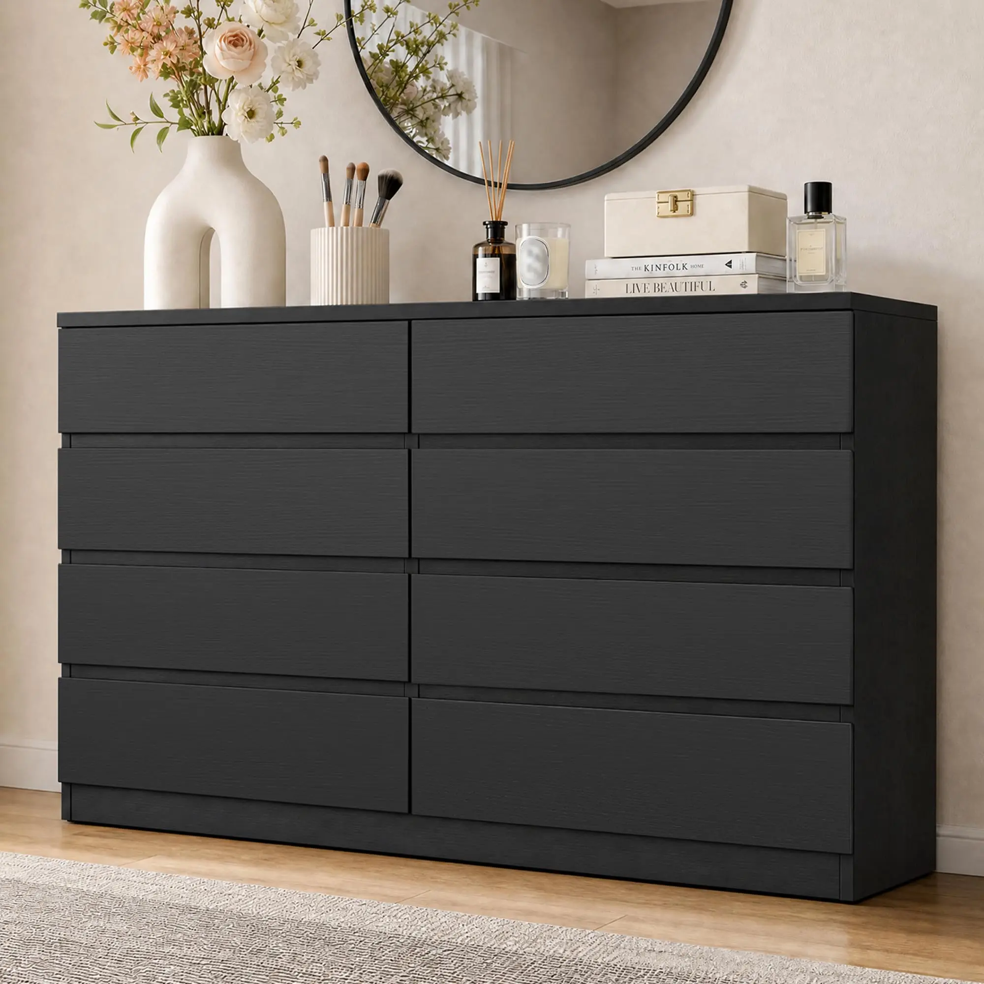 Garvee 8-Drawer Rectangular Contemporary Black Chest of Drawers for Bedroom
