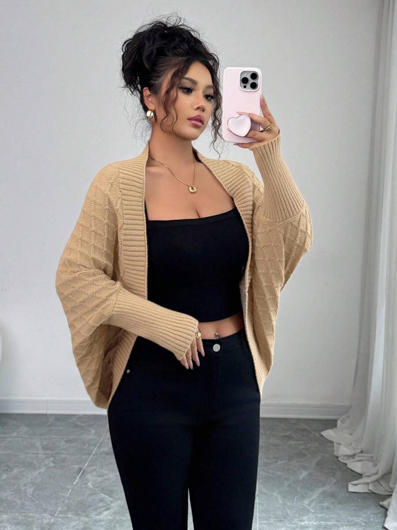 Fall and Winter Basic Casual Everyday Bat-Wing Slihouette Knit Sweater Vintage Mid-Length Cardigan Office