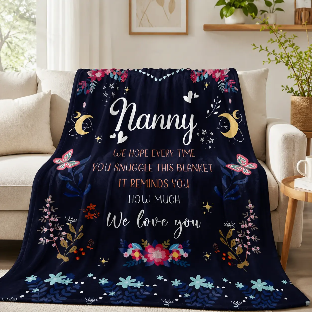 Nanny Blanket, Grandma Gift Fleece Throw Blanket, Sentimental Floral Butterfly Design Flannel Fleece Blanket, Personalized Love Gift for Grandma, Cozy Family Memory Blanket