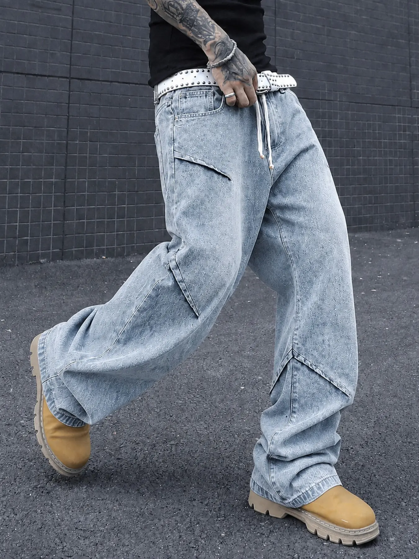 Men’s Light Blue Washed Jacquard Baggy Jeans with Drawstring Waist and Asymmetric Panel Details, Wide Leg Streetwear Denim Pants