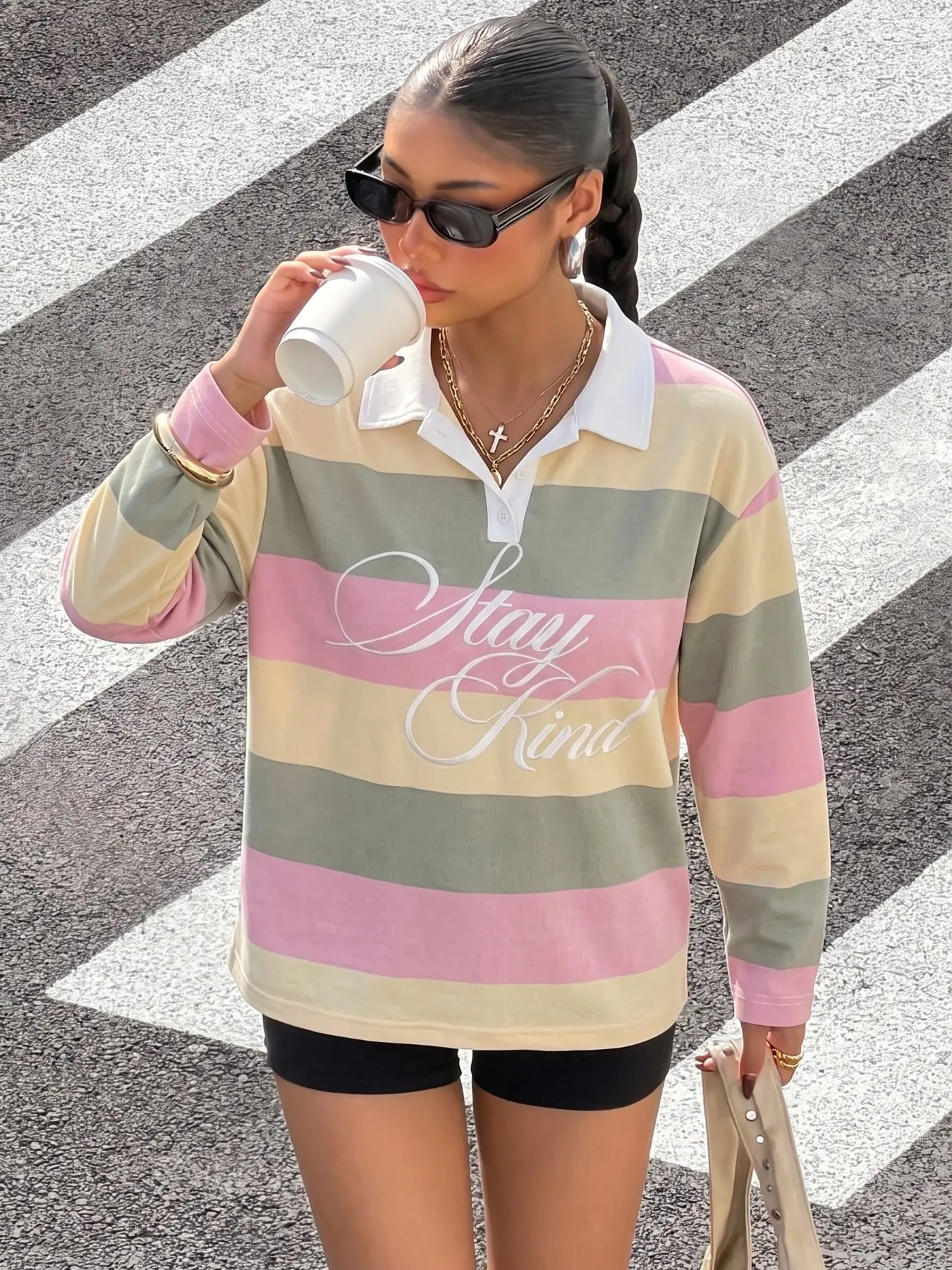 Women Y2K Pastel Color Block Striped Contrast White Collar Polo Long Sleeve Top, Loose Fit Letter Graphic Print Button Placket Blouse, Preppy Retro Streetwear Shirt, Soft Lightweight Casual Tees, For Campus, Dating, Shopping, Travel, Daily Leisure Going‑O