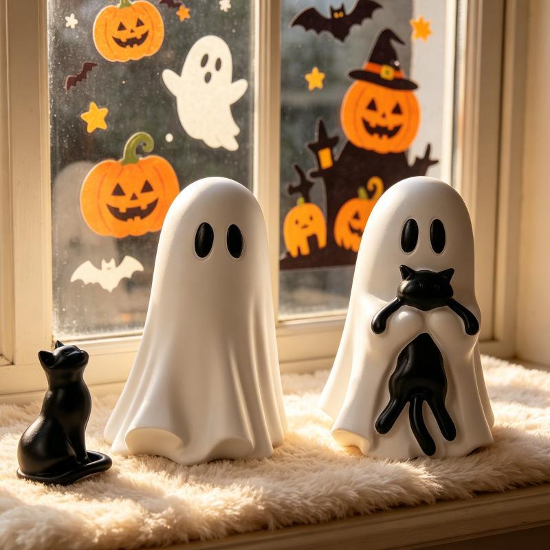 Viral Ghost Black Cat Halloween Decor, Cute Spooky Resin Cat Figurine, Aesthetic Gothic Tabletop Ornament, Witchy Home Desktop Decoration, Haunted Shelf Display, Fall Party Decor, Cozy Room Accent, Cute Halloween Gift Idea, Decor Figurine Ornaments, Resin
