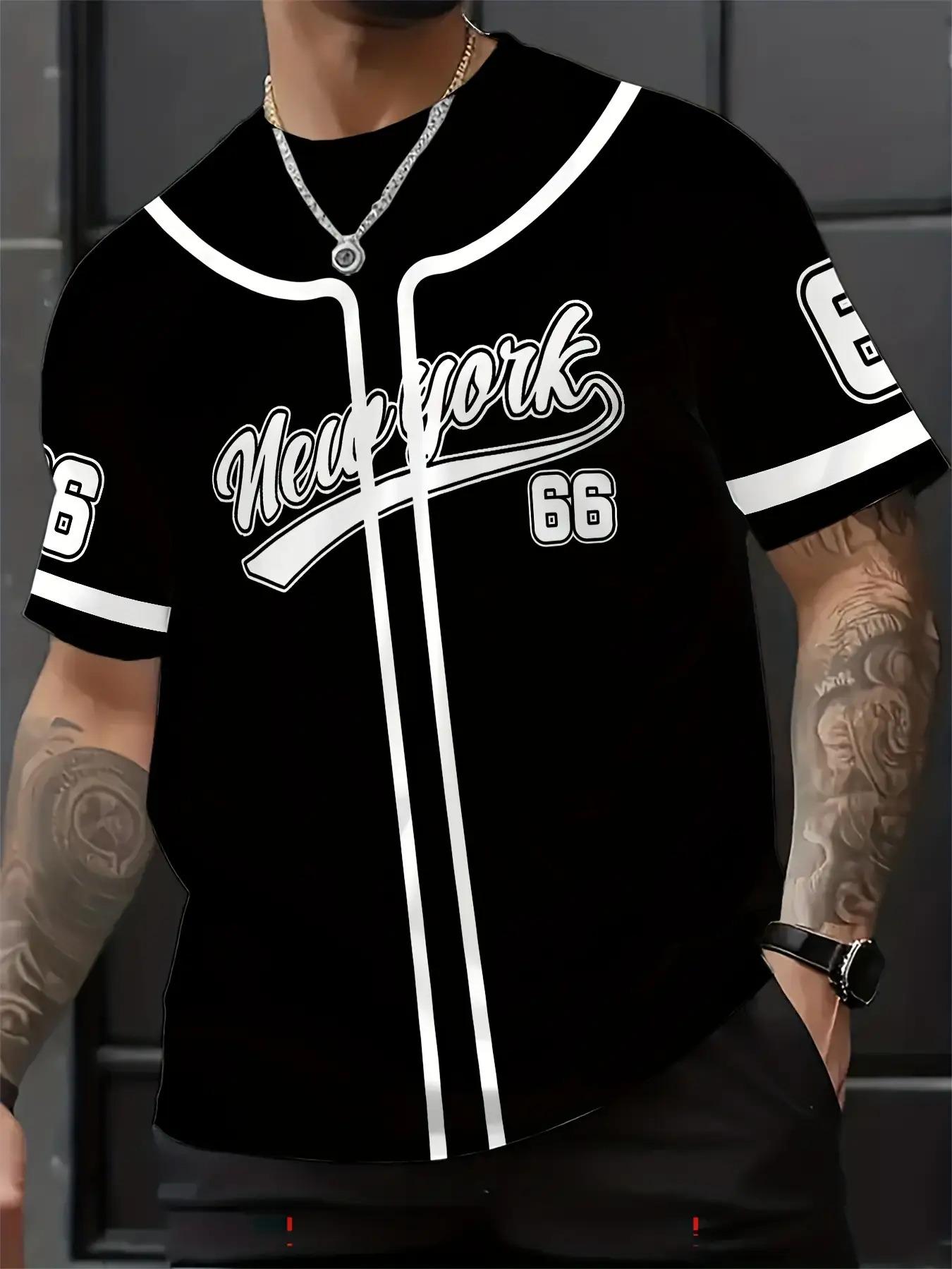 Men's New York Letter 66 Geometric Pattern Printed Fitted T-Shirt, Menswear, Round Neck Short Sleeve, Casual Fashion Summer Streetwear, Daily Wear