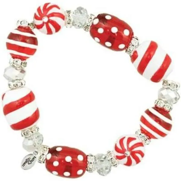Peppermint Holiday Christmas Winter Seasonal Wintertime Women's Painted Glass   Beads Rhinestones Elasticized Stretch Bracelet  Made by Clementine Design.