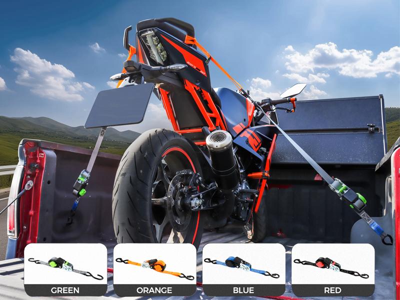 NeatStrap Self-Storing Retractable Ratcheting Straps (4PK) - 1"x15', 1500lbs Break Strength, Safety Lock, Chromoly S Hooks, Plastic-Grip Lever, Vinyl Soft Loops - Time-Saving Load Binding for Motorcycle, Moving Truck Cargo, Heavy Duty, Bikes, Chromoly Ste