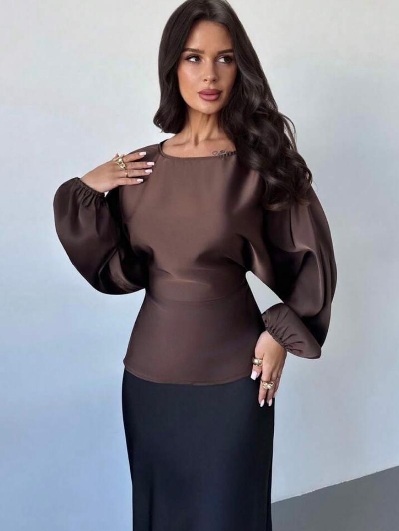 Elegant Satin Lantern Sleeve Top Blouse, Back Tie Waist Design, Round Neck, Perfect for Commuting and Dates, High-End Style