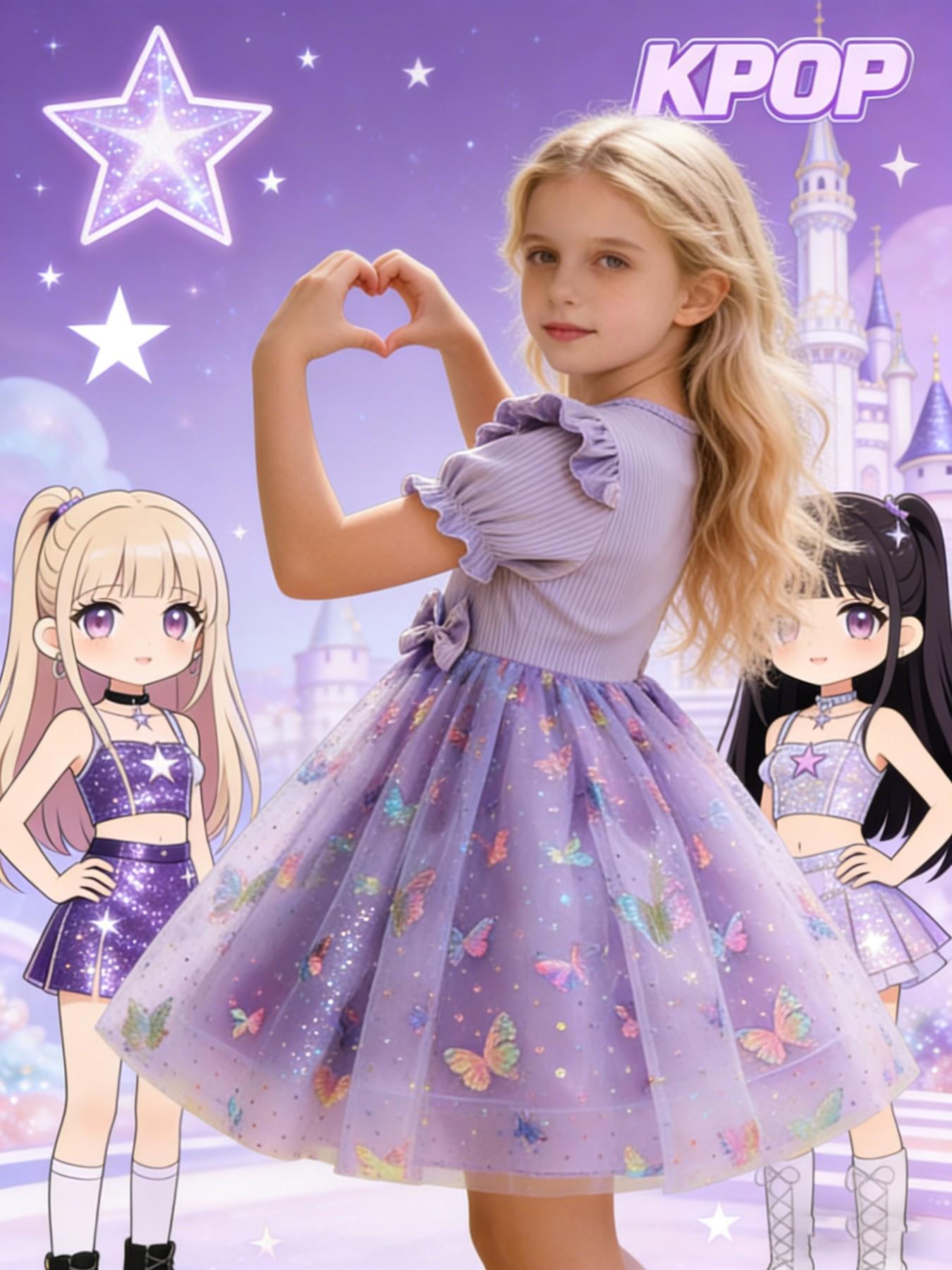 Princess Party Dance Dress, Butterfly Mesh Skirt, Dreamy Elegant Design, K-Pop Girl Group Print, Perfect for Camping Travel Parties