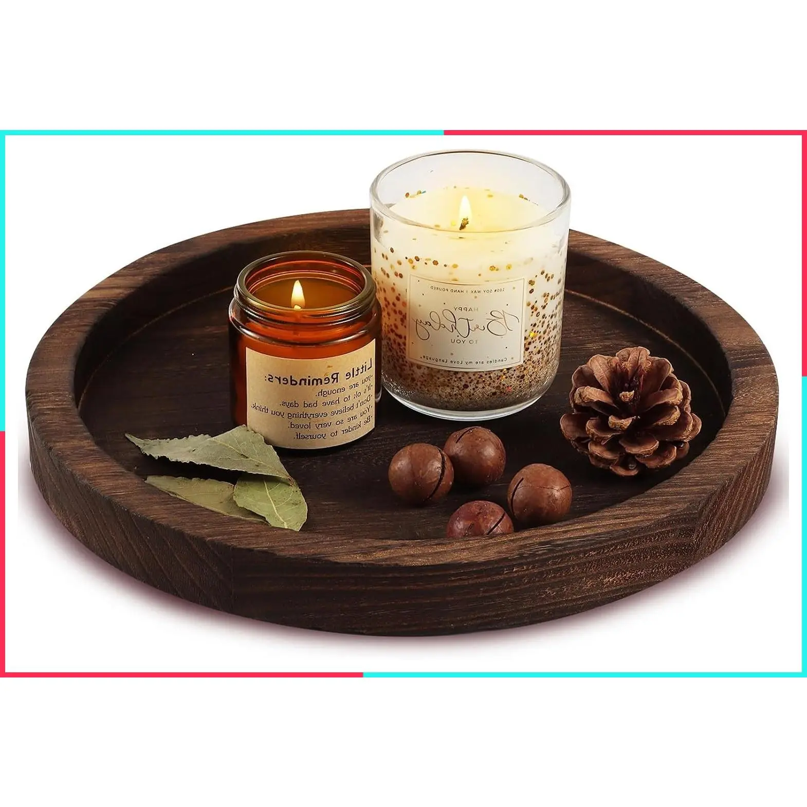 Round Wooden Decorative Tray Candle Holder, Table Centerpiece for Coffee Table, Christmas Home Decor