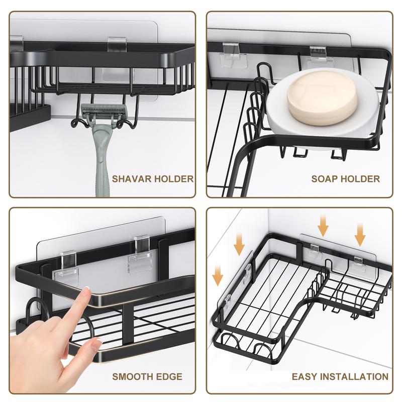 PHANCIR 5 PCS Corner Shower Caddy, No Drilling Stainless Steel Shower Storage Rack with Hooks & Toothpaste Holder for Bathroom, Black