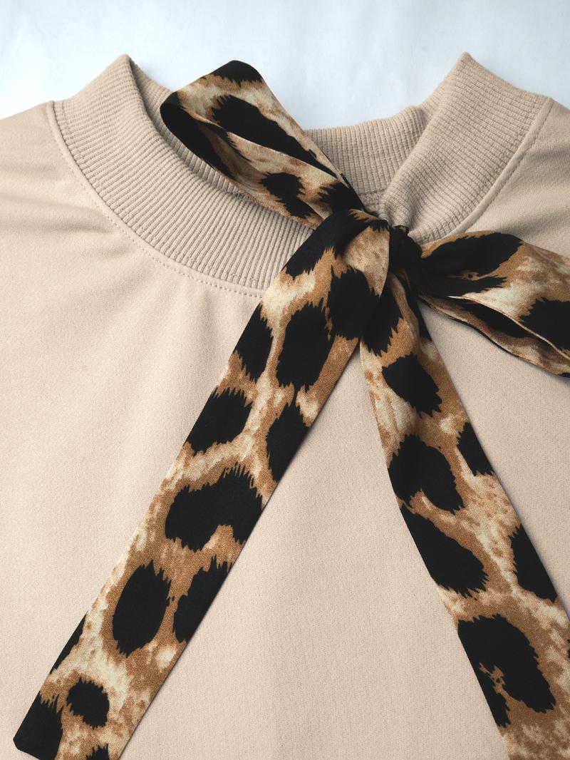 Women's Casual Leopard Print Tie Neck Long Sleeve Sweatshirt, All Seasons Fitted Sporty Pullover, Fashion Color Block Design