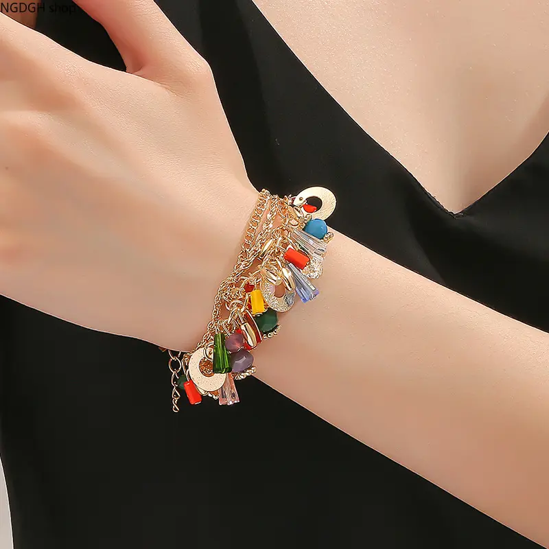 Colorful Y2K Layered Charm Bracelet with Evil Eye and Moon Pendants, Gold Chain Tassel Bracelet with Crystal Beads, Boho Rainbow Stacking Wrist Jewelry for Women, Vintage Statement Hand Chain, Perfect for Parties & Daily Wear.