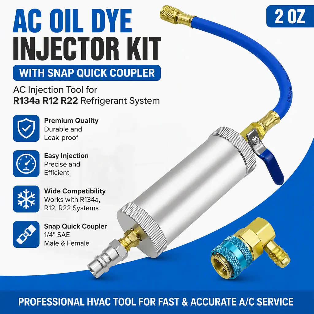 R134a R12 R22 Refrigerant System Oil Dye Injector, 2‑Ounce AC Injection Tool, Snap Quick Coupler, 1/4" SAE Male & Female Fittings for Air‑Conditioning Service