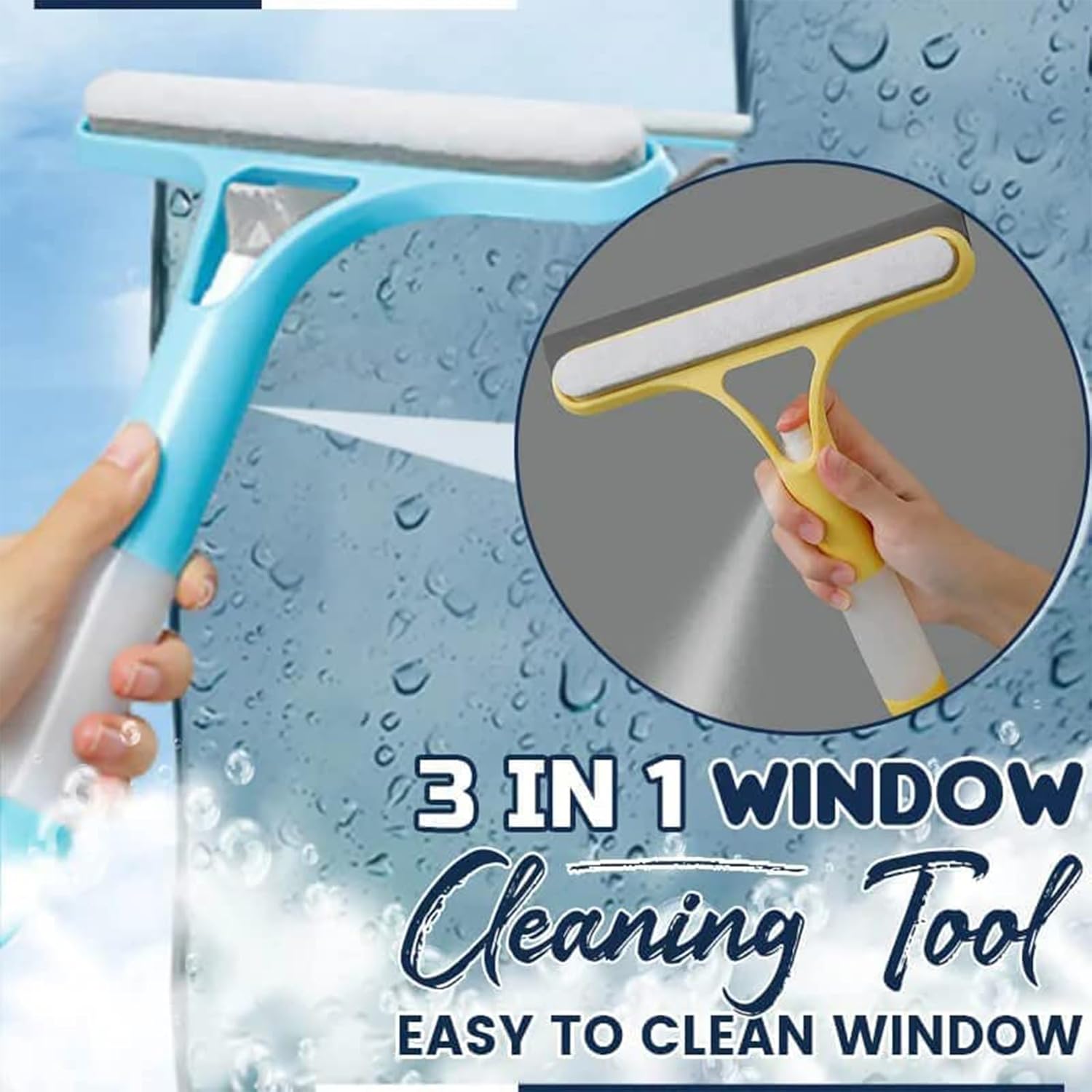 3 in 1 Window Cleaning Scraper, 2025 New Squeegee for Shower Glass, 3 in 1 Spray Function for Glass Doors for Windows Glass, Mirrors Scraper, Brush. All-Purpose Window Cleaner Tool Hands-Free Flat Floor Mop Bucket Set Suction Cup Sponge Holder for Kitchen