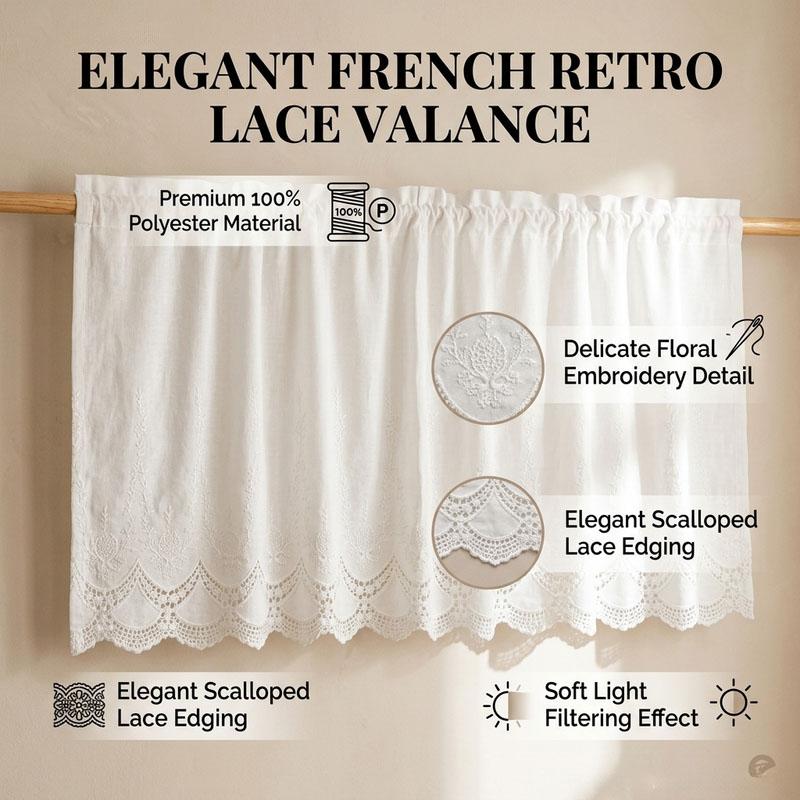 French Lace Curtain, Lace Fabric, Hollow Design, Wrinkle-Resistant, Easy Wash, Quick Dry, Sunlight Resistant, Kitchen/bathroom/patio
