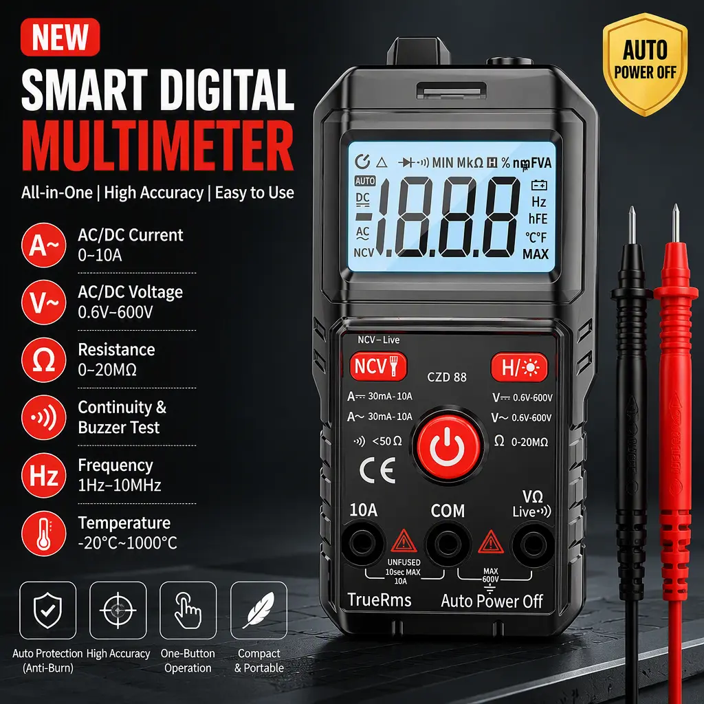 CZD88 Fully Automatic Digital Multimeter, Portable High‑Precision Anti‑Burn Multimeter for Household Electric Maintenance,Pre-lit