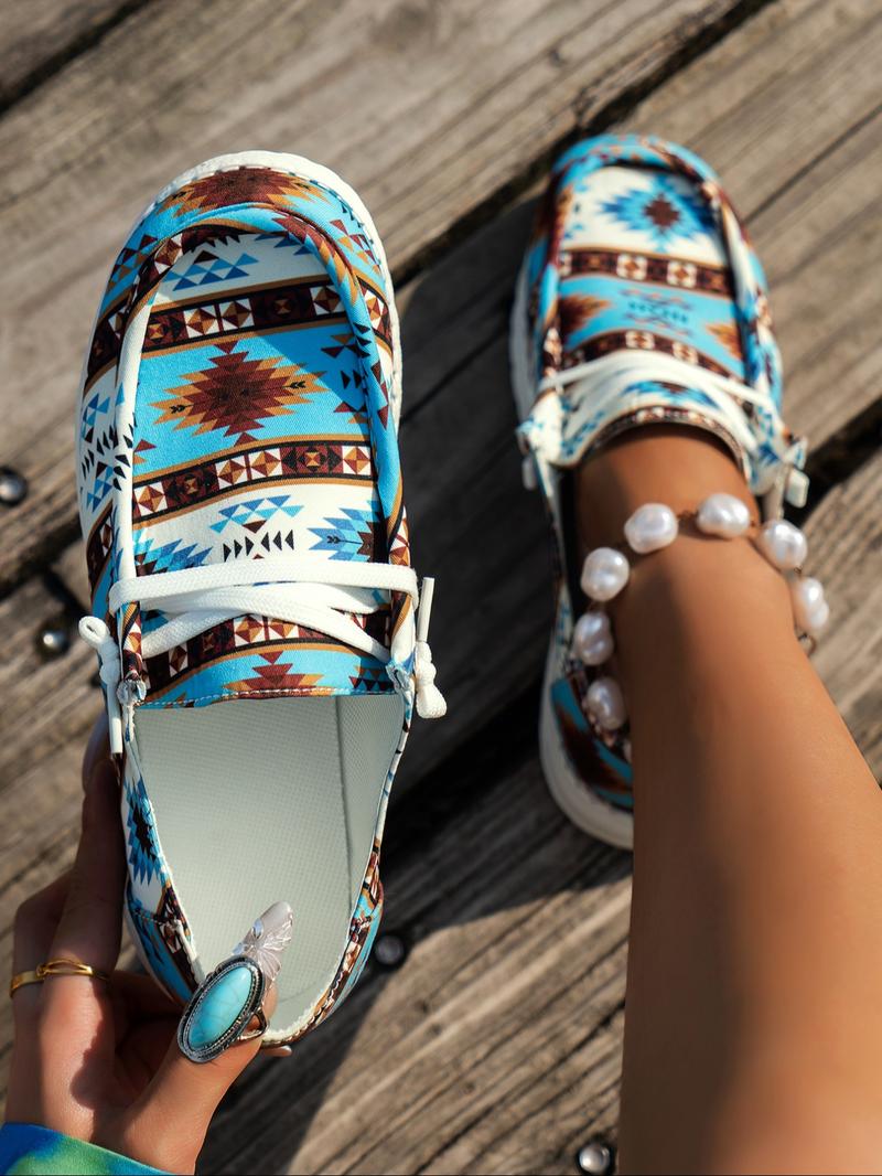 Women's Fashion Ethnic Pattern Lace up Low Top Sneakers, 1 Pair Casual Comfortable Lightweight Flat Shoes, All-match Soft Sneakers for Daily Wear, Lightweight Footwear