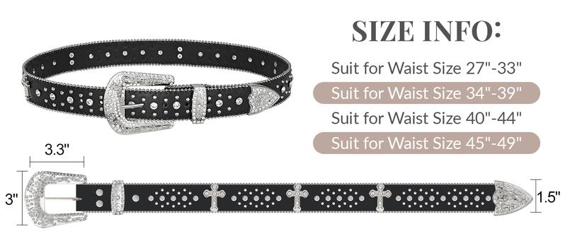 JASGOOD Rhinestone Studded Belt for Men Women, Western Leather Belt for Cowgirl Cowboy Vintage Bling Belt for Pants Dress