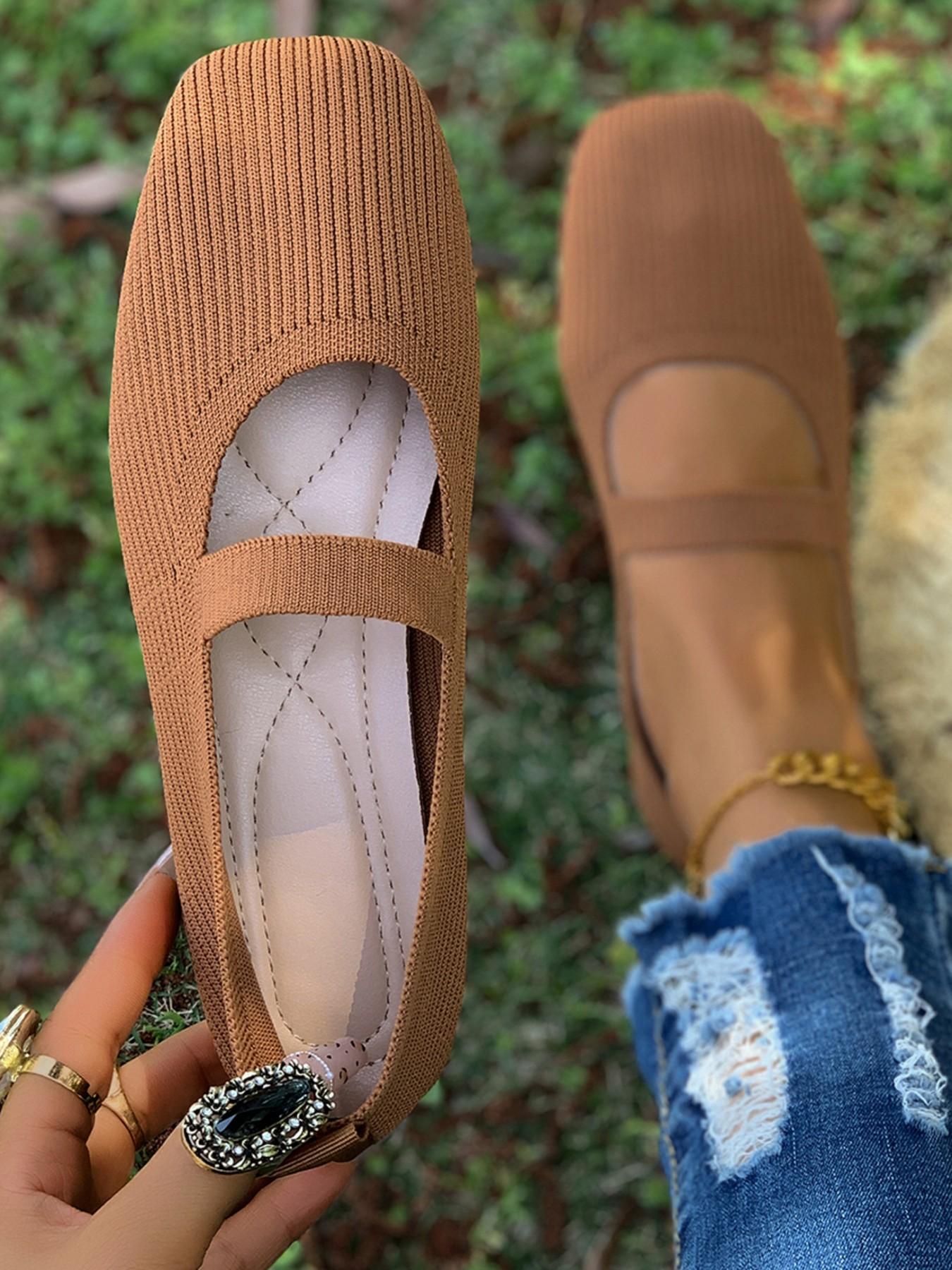 Women's Knitted Striped Mary Jane Shoes Square Toe Casual Trendy Flat Flats Breathable Non-Slip Soft Sole Comfortable Casual Daily Wear Fashion Footwear Versatile Shoes Fashionable Flats