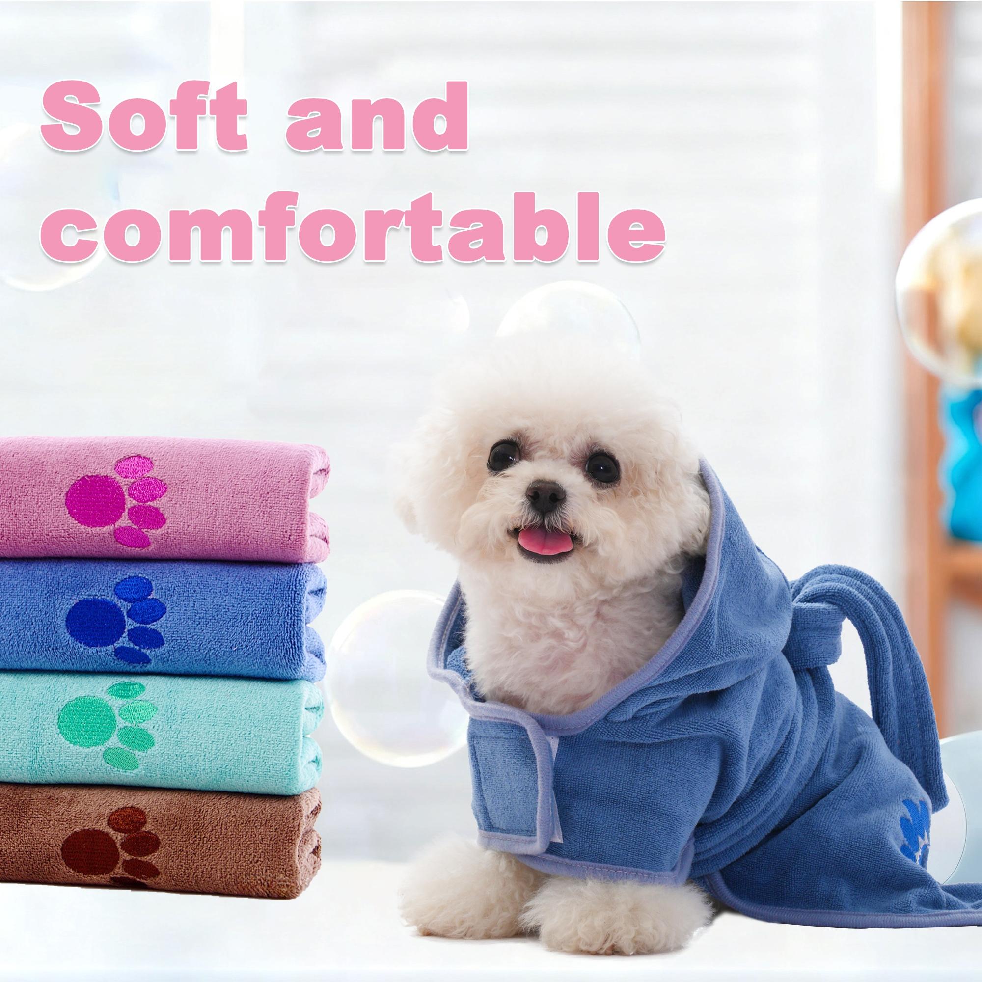 Pet Embroidered Paws Hat Bathrobe, Nylon 20% Polyester 80%, Velcro & Tie Design, Universal Absorbent Clothes for Small Medium Large Poodle Dogs Cats