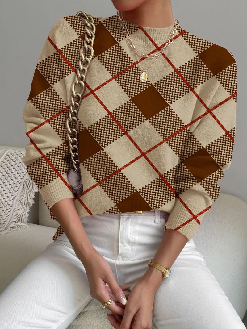 Women's Tartan Print Stand Collar Sweater, Fall & Winter Casual Long Sleeve Knitwear, Comfortable Warm Fitted Top for Daily Wear, Knitted Sweater