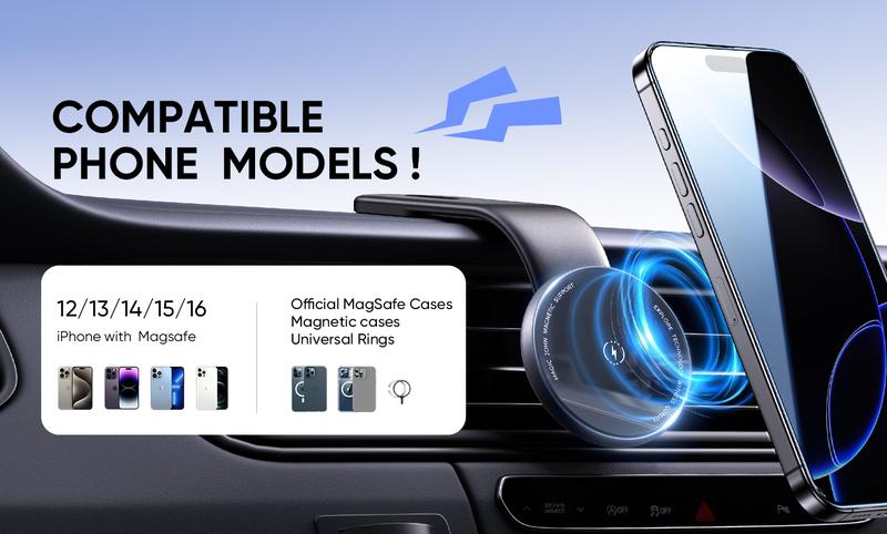 NEW - MAGIC JOHN Magnetic Car Mount – Bendable, MagSafe-compatible, strong magnet, one-hand use, air vent friendly