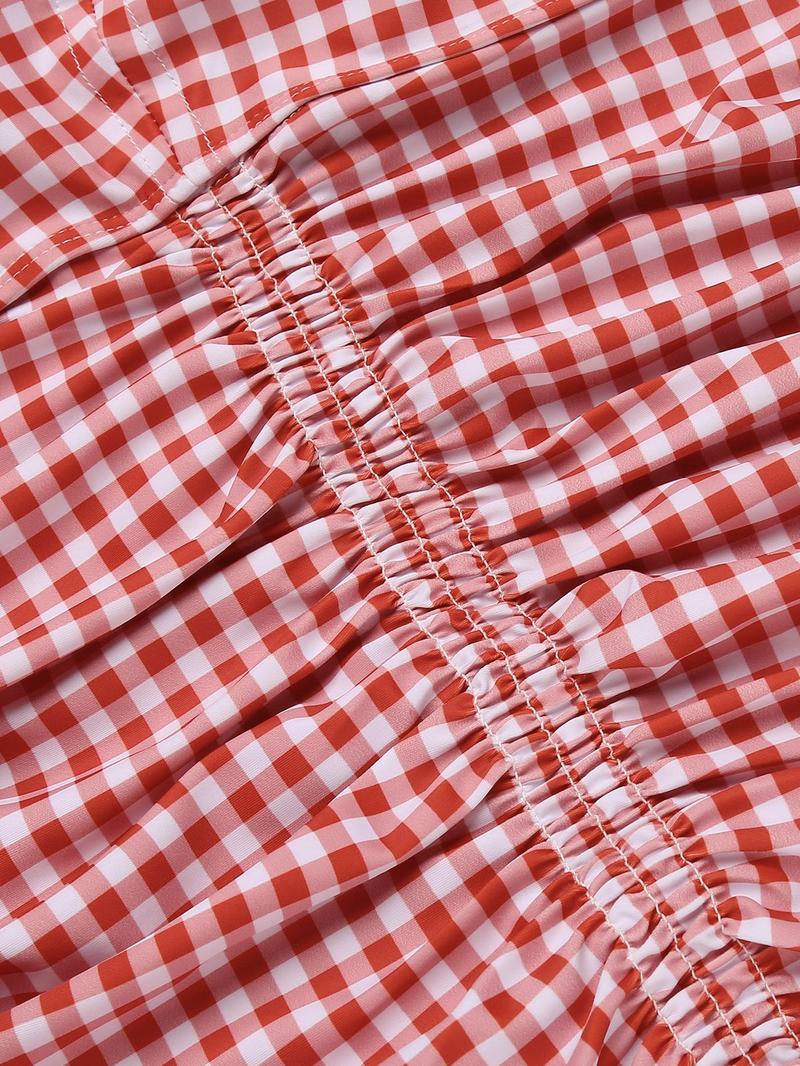 GINGHAM 1950S HALTER BOWKNOT ONE-PIECE WOMENSWEAR SWIMSUIT Swimoutfit Swimmingsuits