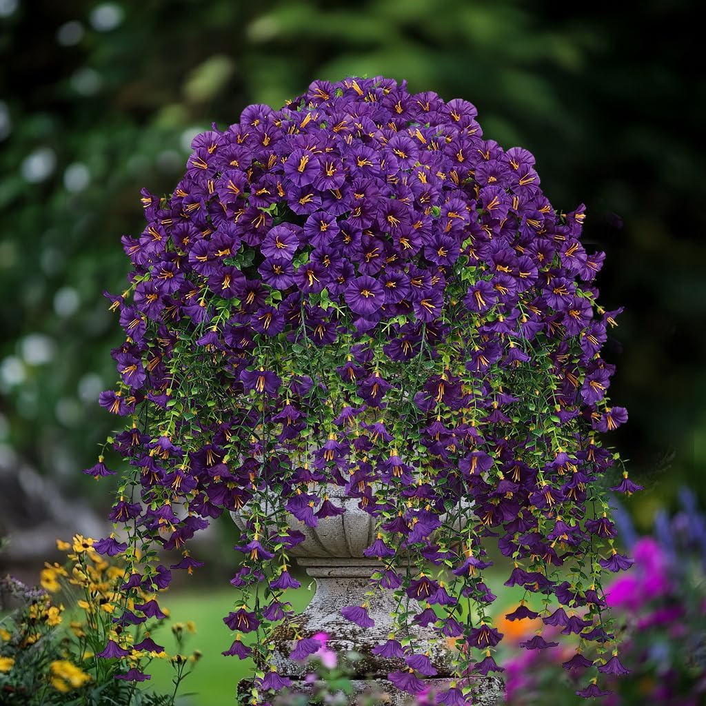 6 PCS Artificial Faux Hanging Flowers Plants for Outdoor Decor,Fake Silk Morning Glory with Eucalyptus UV Resistant Realistic Vines for Wall Home Porch Patio Balcony Yard Decor, Purple and Fuchsia, Artificial Flower Decoration