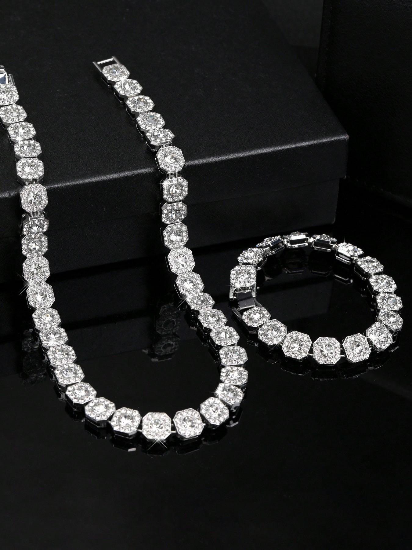 Men's and Women's Rhinestone Cuban Chain Necklace Set, Full Diamond Square Design, Street Party Jewelry, Unique Gift Idea