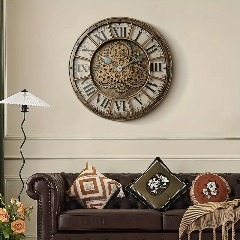 TIMESS Steampunk Analog Wall Clock with Roman Numerals, 15-18 Inch Moving Gear Clock with Acrylic Frame, Battery-Operated Living Room Decor