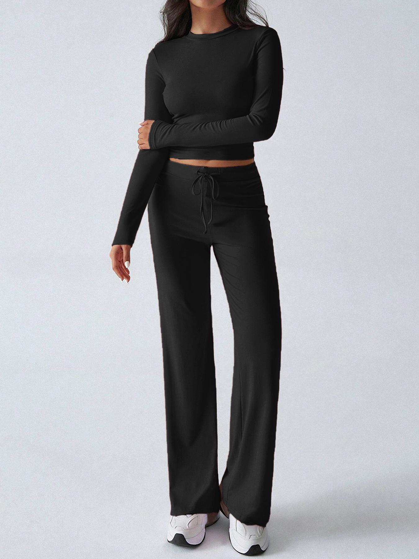 2026 Two Pieces Fall Women Clothes Y2K Sporty Casual Home Solid Color Fitted Long-Sleeved T-Shirt And Long Pants Set