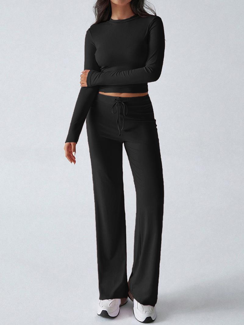 2026 Two Pieces Fall Women Clothes Y2K Sporty Casual Home Solid Color Fitted Long-Sleeved T-Shirt And Long Pants Set