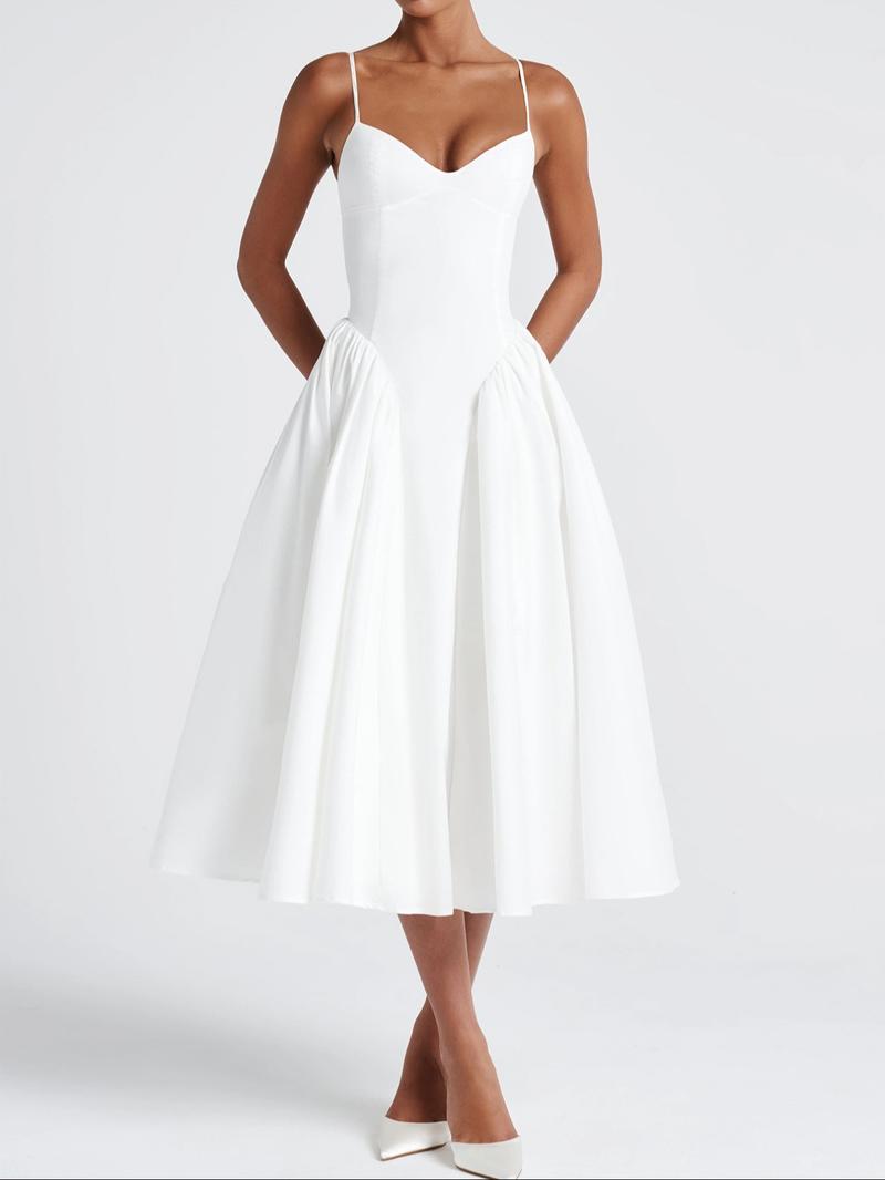 Pure Color Elegant Sleeveless Long Dress, Waist Cinched Design, Fitted Style, Plain Pattern, Perfect for Various Occasions