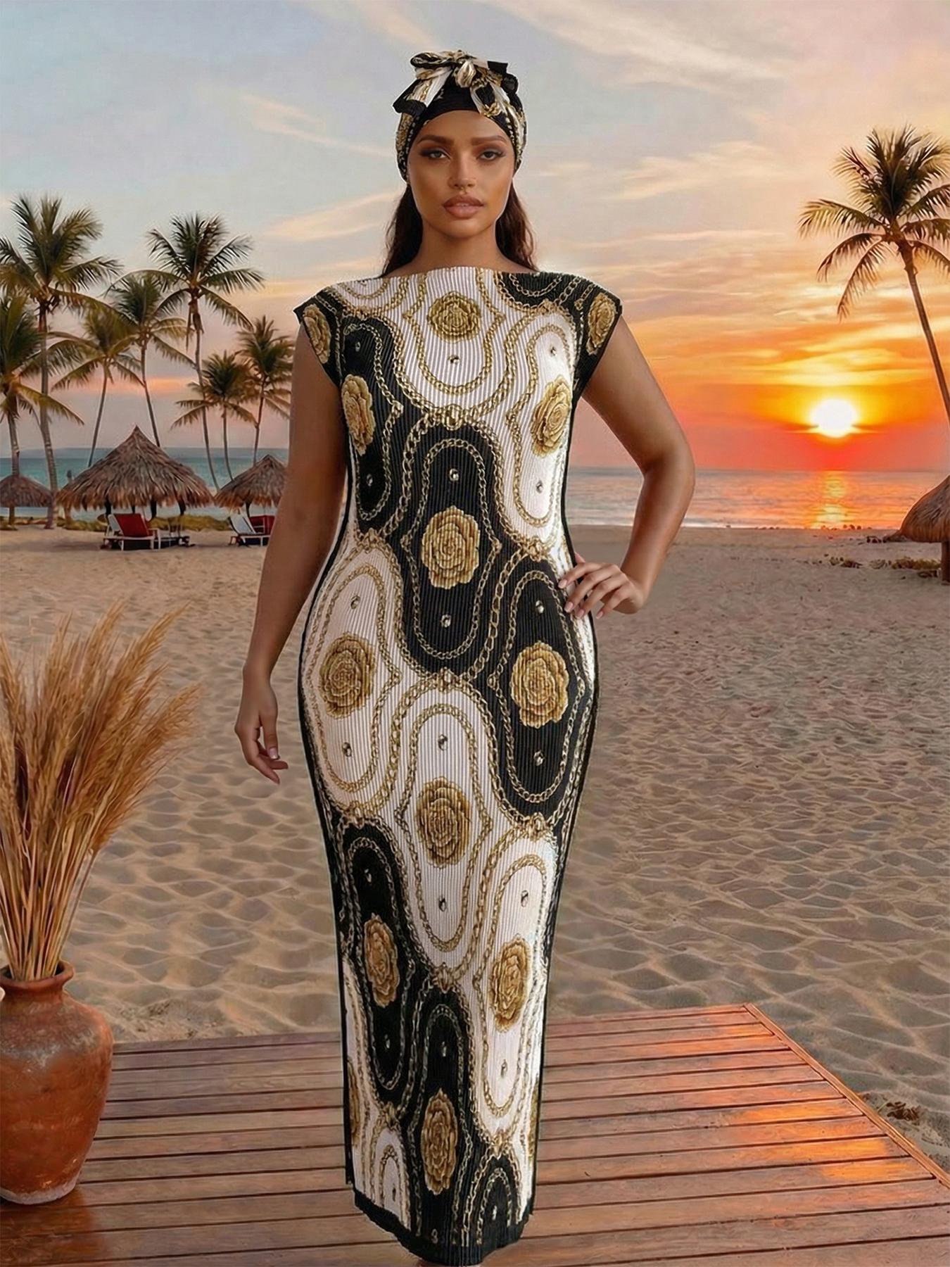 Women's Elegant Animal Print Long Dress Set, Slim-Fitting Moo Moo Skirt & Scarf, Beach Sun Protection Shawl, All Seasons Fashion