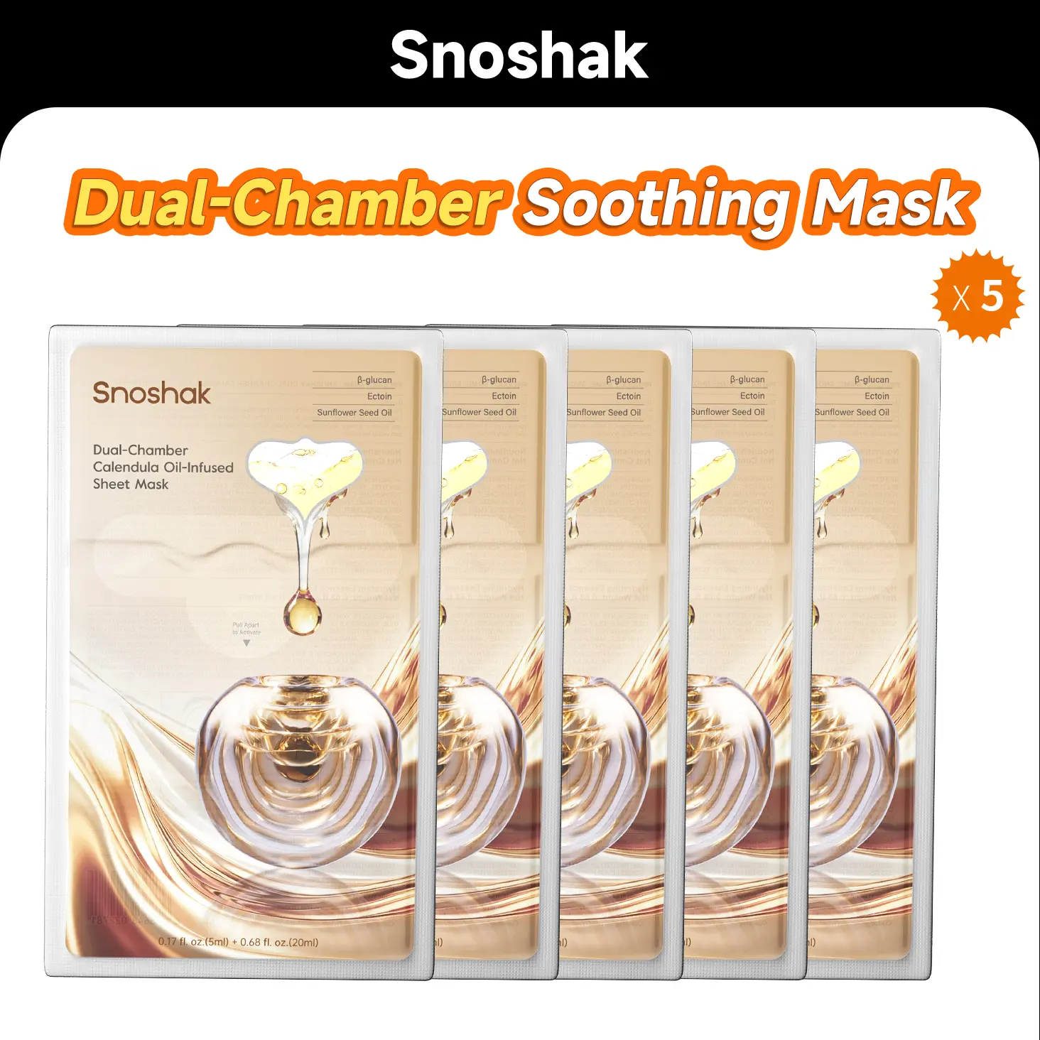 SNOSHAK Dual-Chamber Calendula Oil-Infused Facial Sheet Mask (5 Sheets) - Unisex Sensitive Skin Facial Care, Nourishing, Gentle, Soothing, Hydrates with Ectoin, Beta-Glucan, Sunflower Seed Oil (Beauty & Personal Care, Skincare, Face Masks)