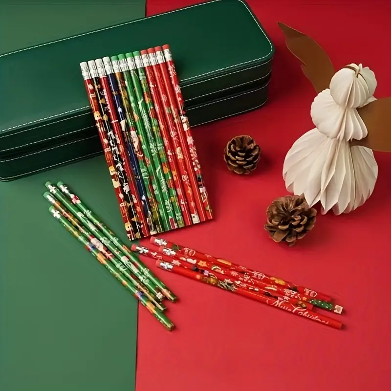 [Christmas Pencils] 12/24-Pack Wooden Christmas Pencils with Erasers - Holiday Pencil Pack with Snowman, Santa, Tree & Snowflake Patterns - Bulk Wood Lead Pencils for Classroom, School, Party Supplies