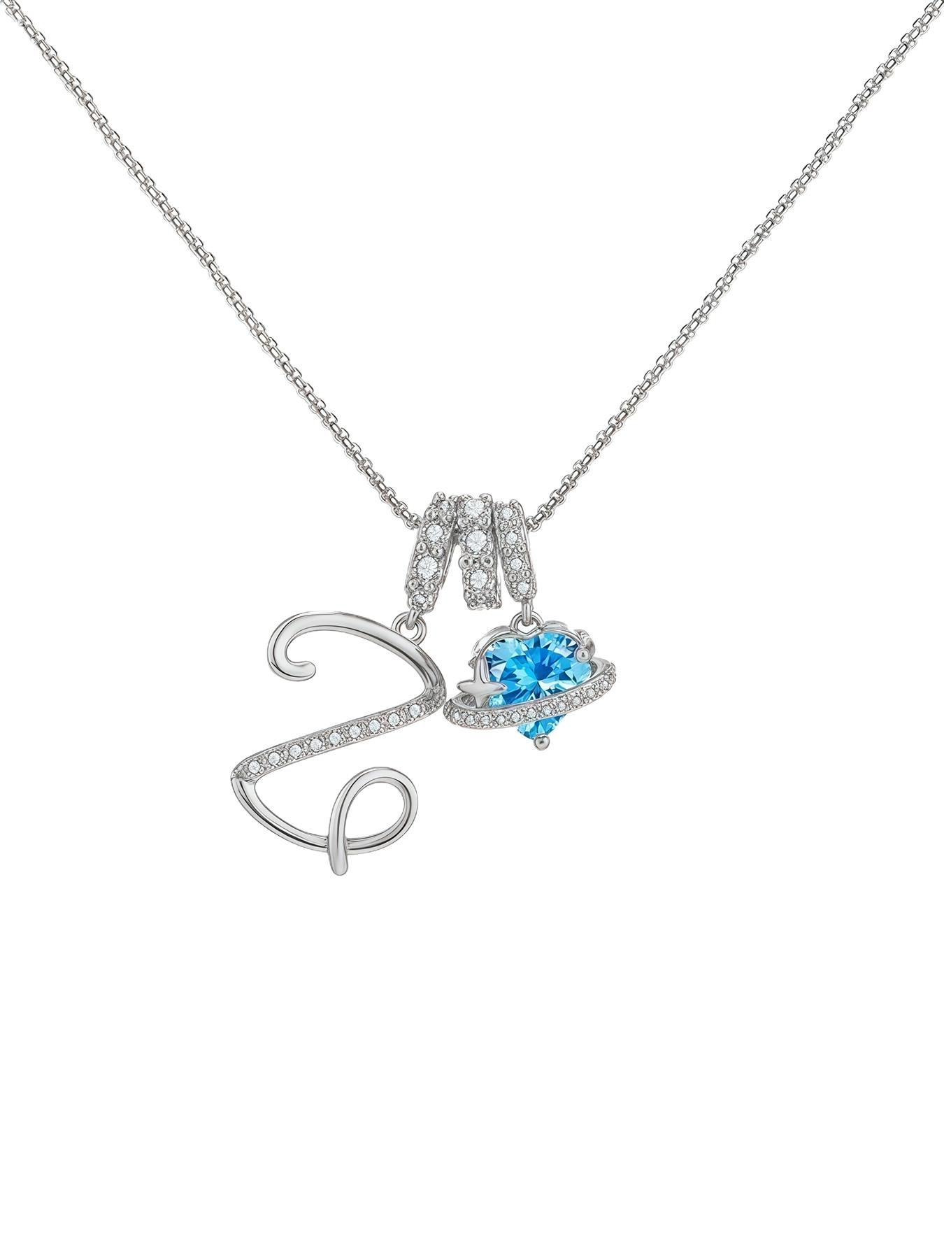 Women's Cz Birthstone Necklace with Blue Rose Jewelry Box, A-Z Letter Pendant, Casual Style Gift for Wife Girlfriend Mom Daughter, Initial Letter Necklace