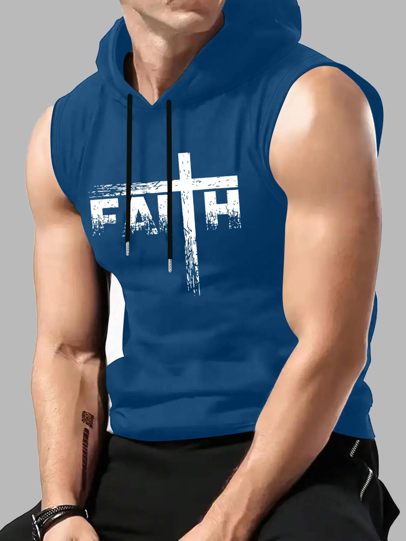 Men's Letter Print Cross & Sleeve Hoodie Tank Top, Regular Fit Casual Street Hooded Sleeveless Top for Summer, Men's Top for Daily Wear, Sweatshirts, Fitted, Knit