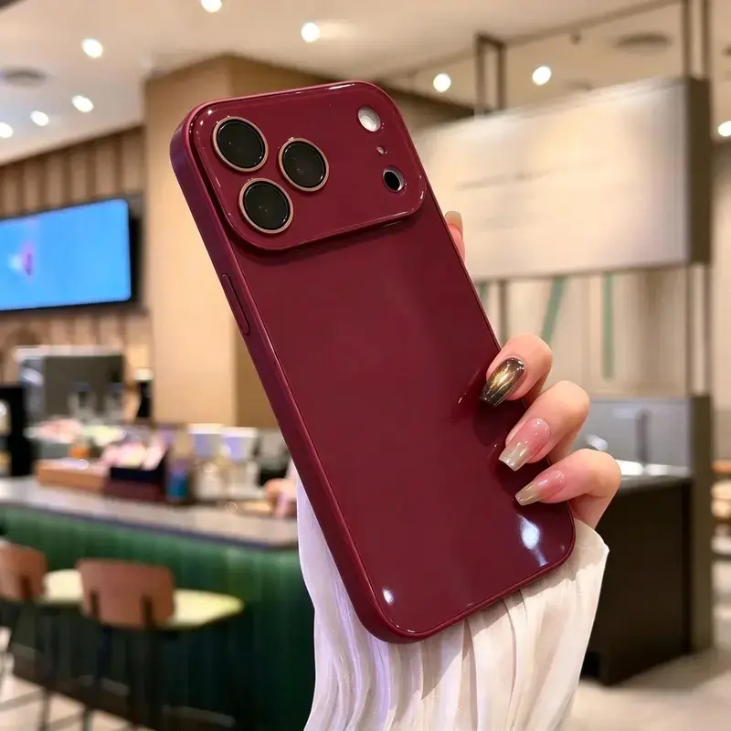 New Burgundy Luxury Glossy Glass Phone Case, Smooth Touch Solid Color Protective Cover Compatible with iPhone 18 17 16 15 14 13 12 11 Pro Max Series, Shockproof Full Camera Protection, Summer Candy Colors.985,techvibes