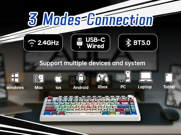 Aula F75 Mechanical Keyboard, Wireless RGB Backlit Gaming Keyboard w/Hot-Swap Socket & Knob, Gasket Mount Pre-lubed Reaper Switches, Bluetooth/2.4GHz/Type-C, Creamy Sounding Manga Keycaps