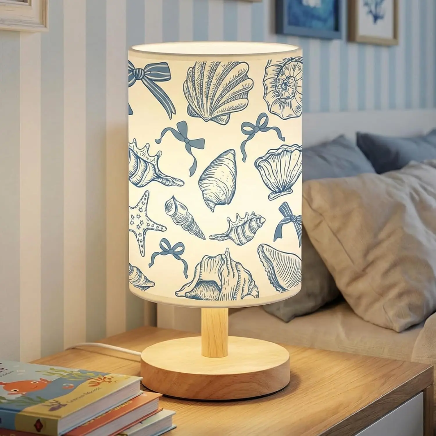 Summer Blue Ocean Table Lamp with 3 Color Dimmable Light, Starfish Conch Seashell Beach Themed Night Light for Bedroom Desk Decor, 11.02 x 5.12 Inch, Ideal Birthday Gift