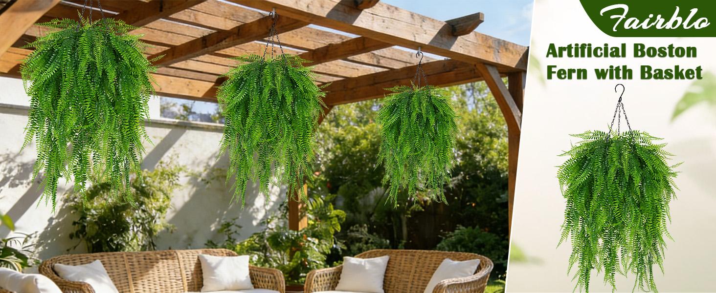 Fake Plant Artificial Fern Baskets 2 Set Fake Ferns Plants Artificial 23.6" Artificial Ferns for Outdoors Front Porch Home