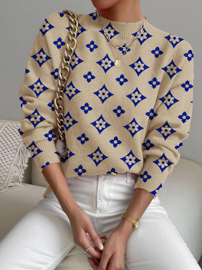 Women's Geometric Pattern Stand Collar Sweater, Fall Winter Casual Long Sleeve Knitwear, Comfortable Warm Daily Wear Women's Geometric Pattern Stand Collar Sweater, Fall Winter Casual Long Sleeve Knitwear, Comfortable Warm Daily Wear