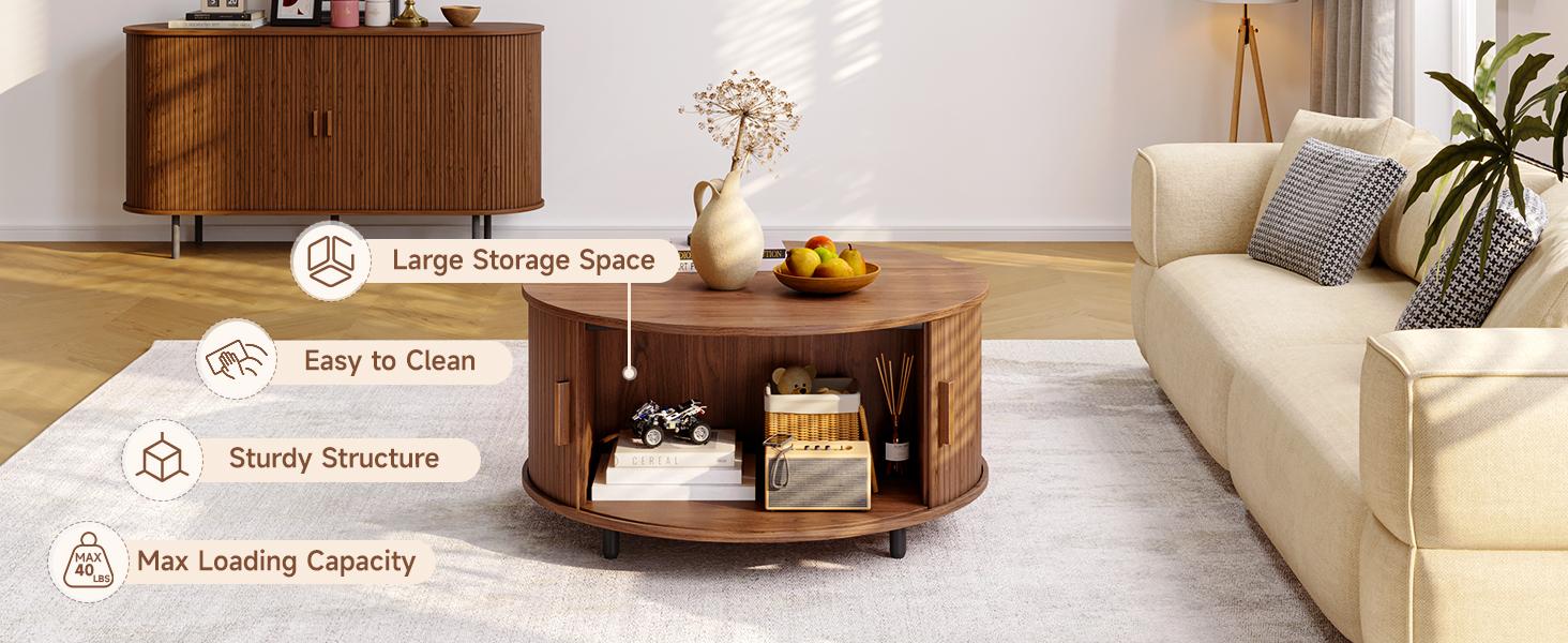 【SPOTLIGHT DAY】ONBRILL 31.5" Round Storage Coffee Table, Fluted Wood Coffee Table with Adjustable Footpads and 360° Curved Sliding Door, Living Room Furniture