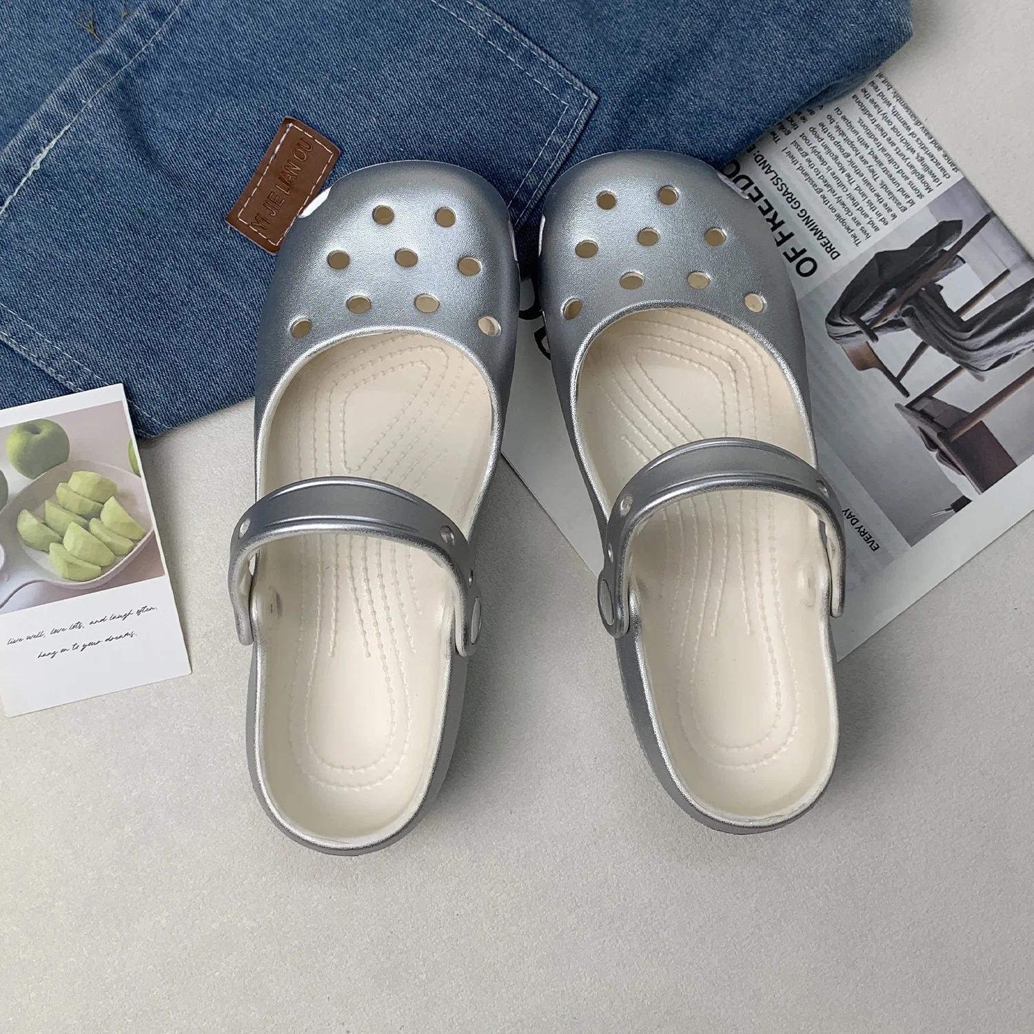 Retro EVA Outer Wear Mary Jane Slippers Shoes Summer New Women's Cute Ballet Hole Shoes Anti Slip Outdoor Beach Sandals