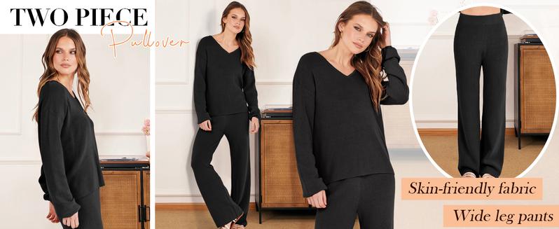 ANRABESS Women 2 Piece Outfits Sweater Lounge Sets Long Sleeve Cable Knit Pullover and Wide Leg Pants Tracksuit Matching Set