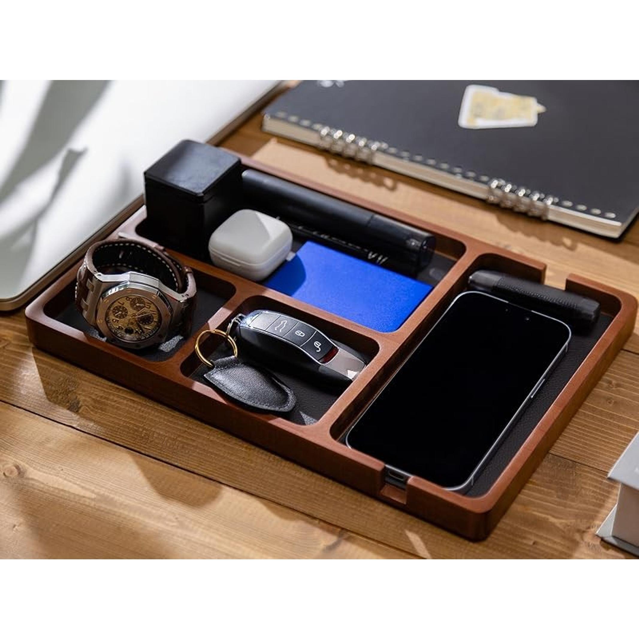 Wooden Valet Tray for Men with Leather Inlay - Nightstand EDC Catchall Organizer for Keys, Phone, Wallet, Watch, Earbuds - Bedside Desk Entryway Tray (Wood)Gift