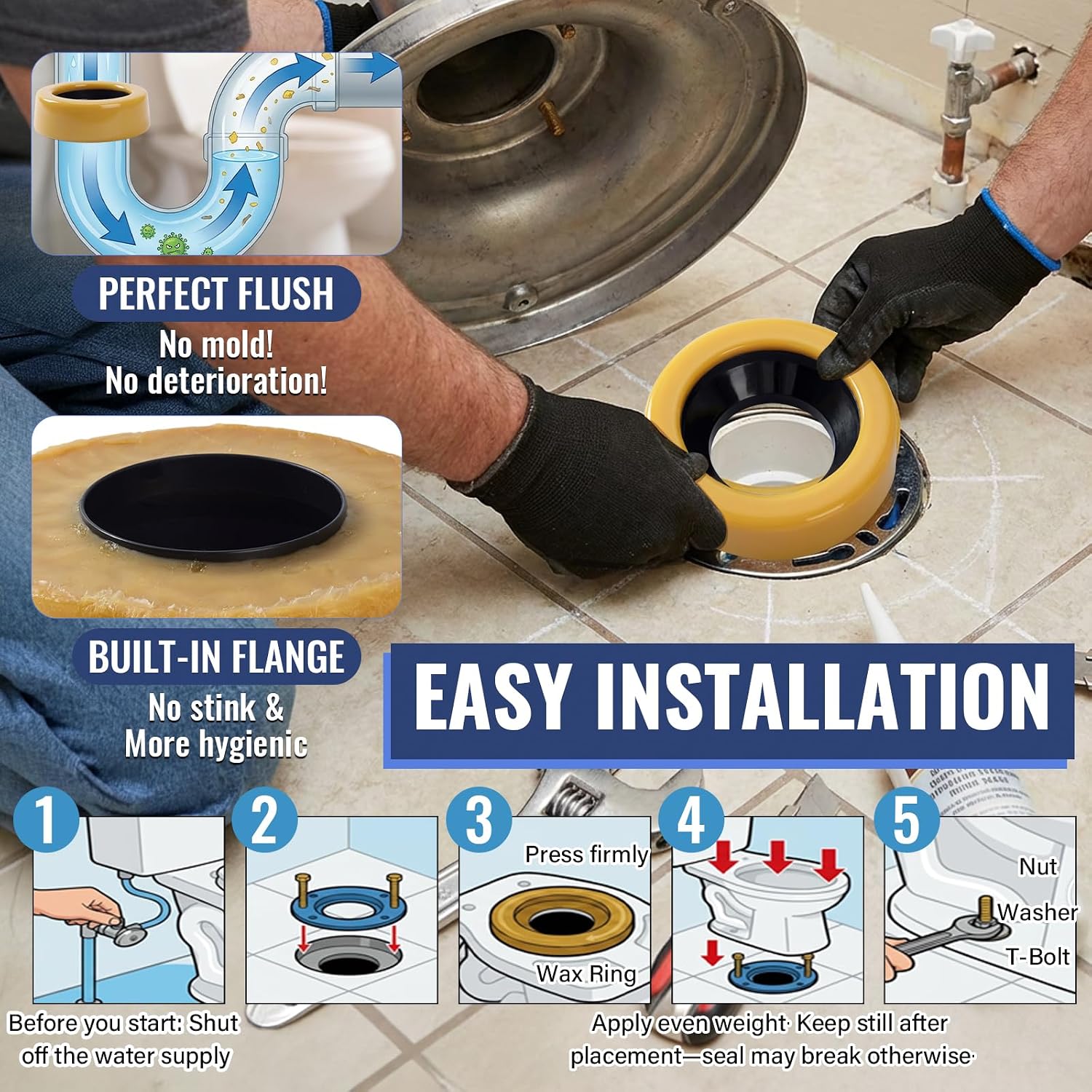Extra Thick Toilet Wax Ring Kit with Flange & ,  Toilet Seal Fits 3 & 4in  Lines, Leak Proof & Odor Resistant, for  Installation or Toilet Re-Seating